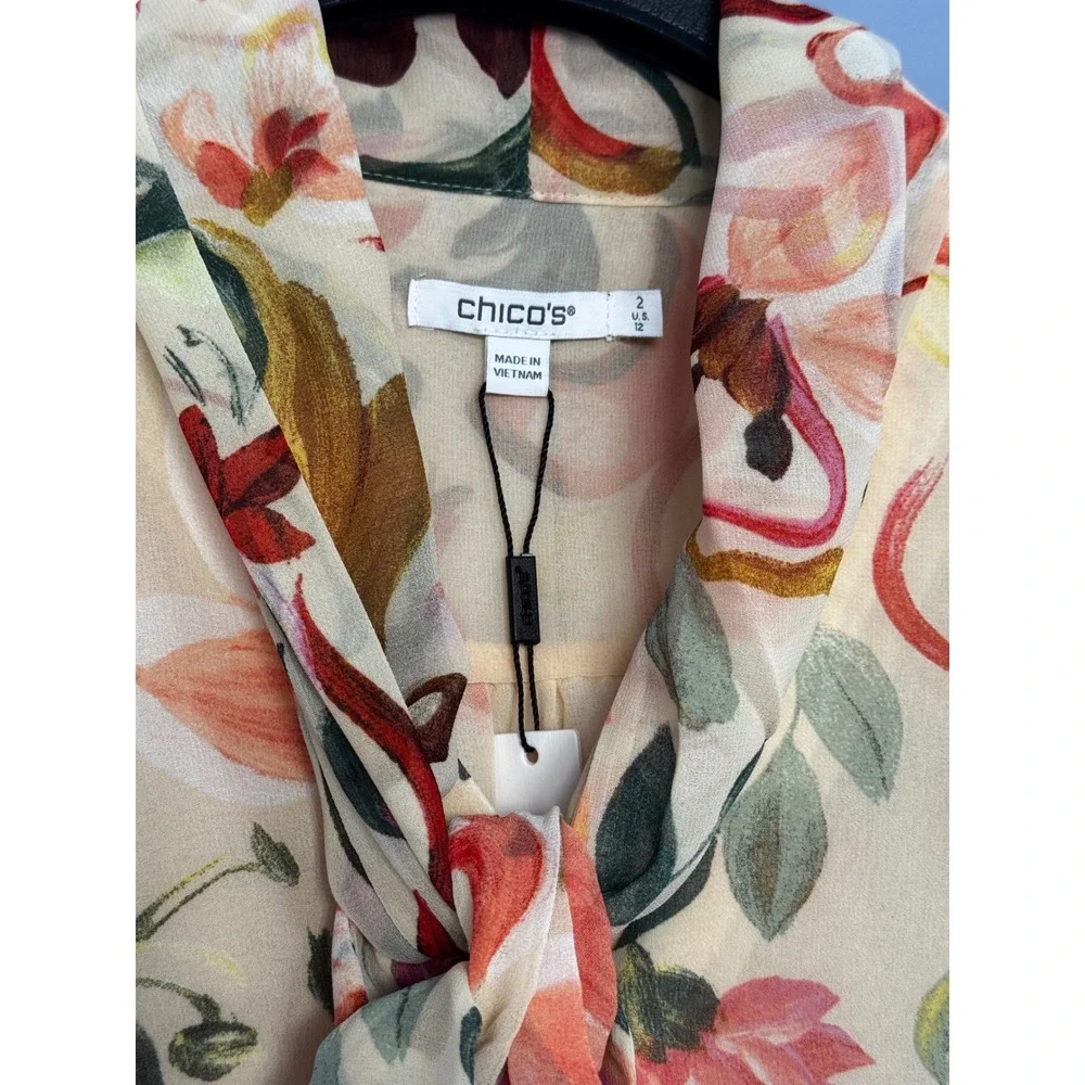 Chico's Sheer Floral Tie-Neck Blouse in Cream, Pink, Green, Yellow - Picture 3 of 4